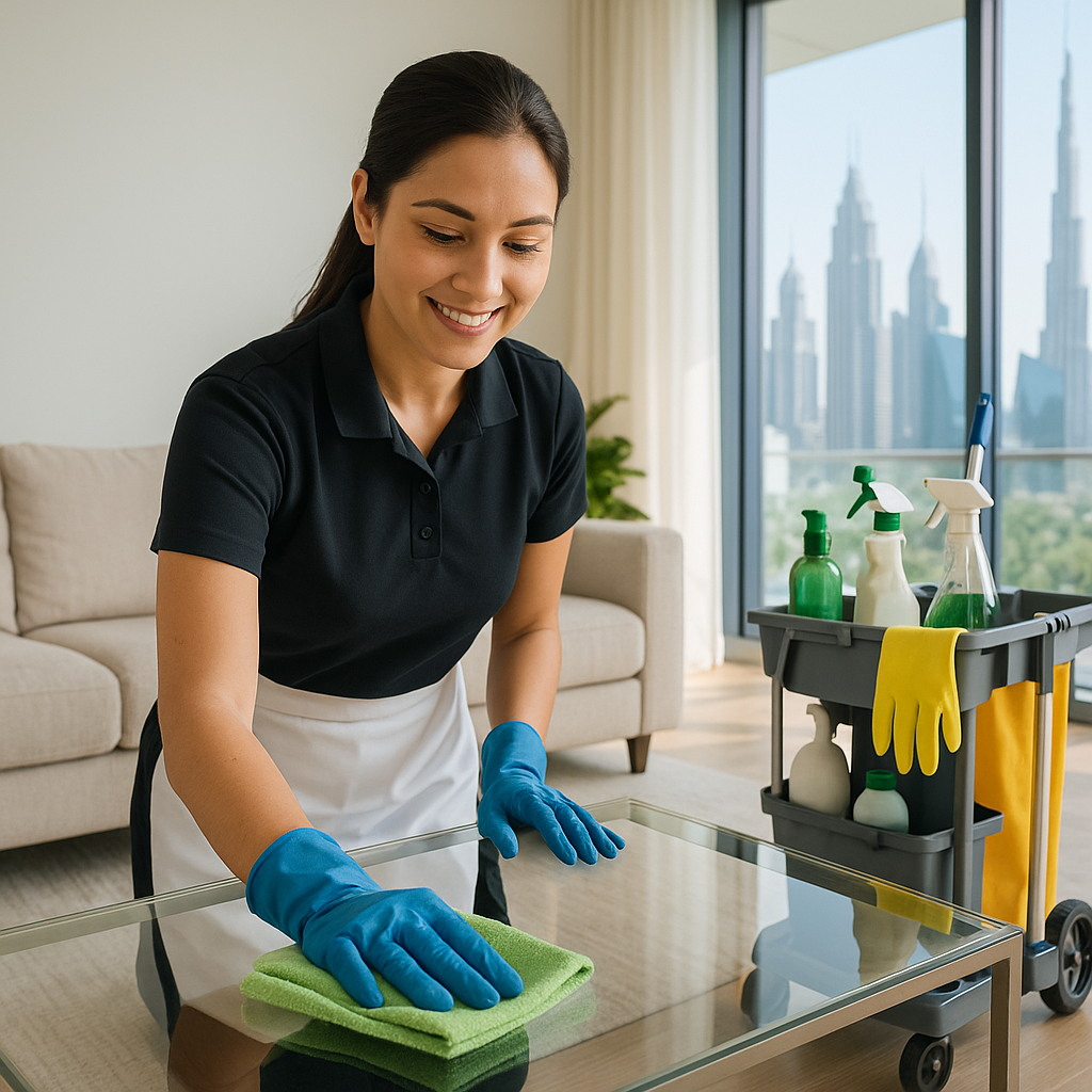 Professional home cleaner wiping a glass table with a green microfiber cloth in a modern Dubai apartment, wearing gloves and uniform, with a cleaning trolley in the background and city skyline visible through the window.