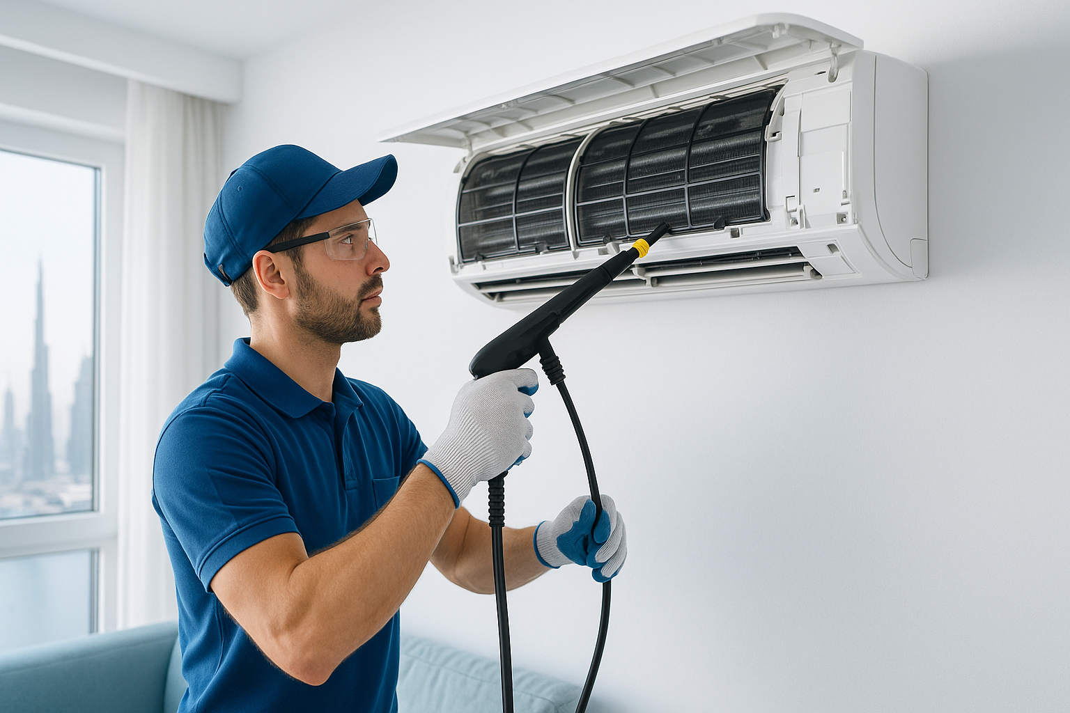 Professional male technician in blue uniform and gloves cleaning a split AC unit with a steam cleaning tool inside a modern Dubai apartment, with the Burj Khalifa visible through the window in the background.